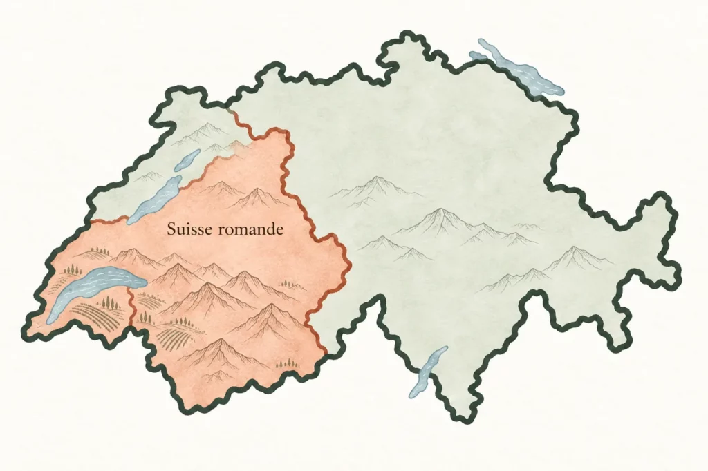 Carte de la Suisse illustrée, la Suisse romande mise en évidence en terracotta.