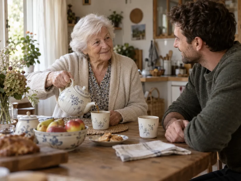Une femme âgée verse le thé pour un homme attablé dans sa cuisine.